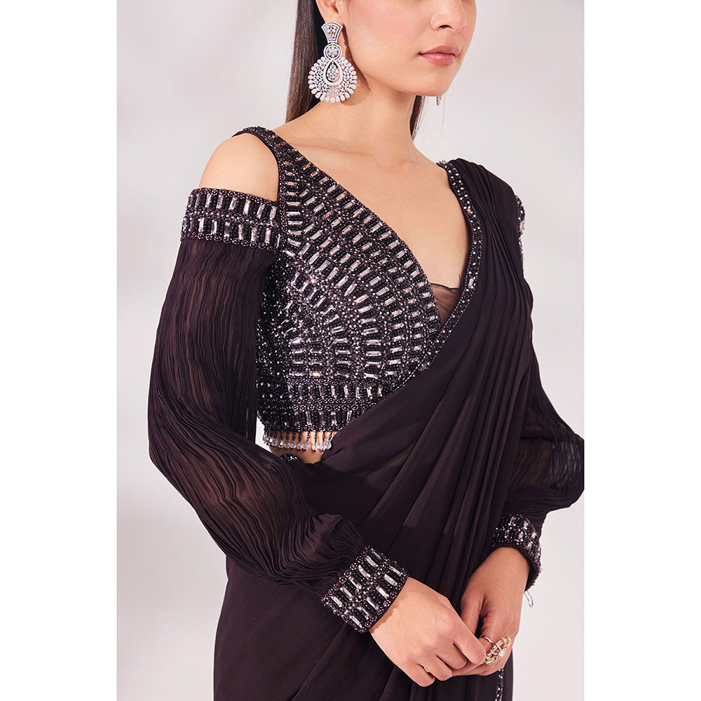 CHAASHNI BY MAANSI & KETAN Brown Hazel Georgette Pre-Draped Saree with Stitched Blouse