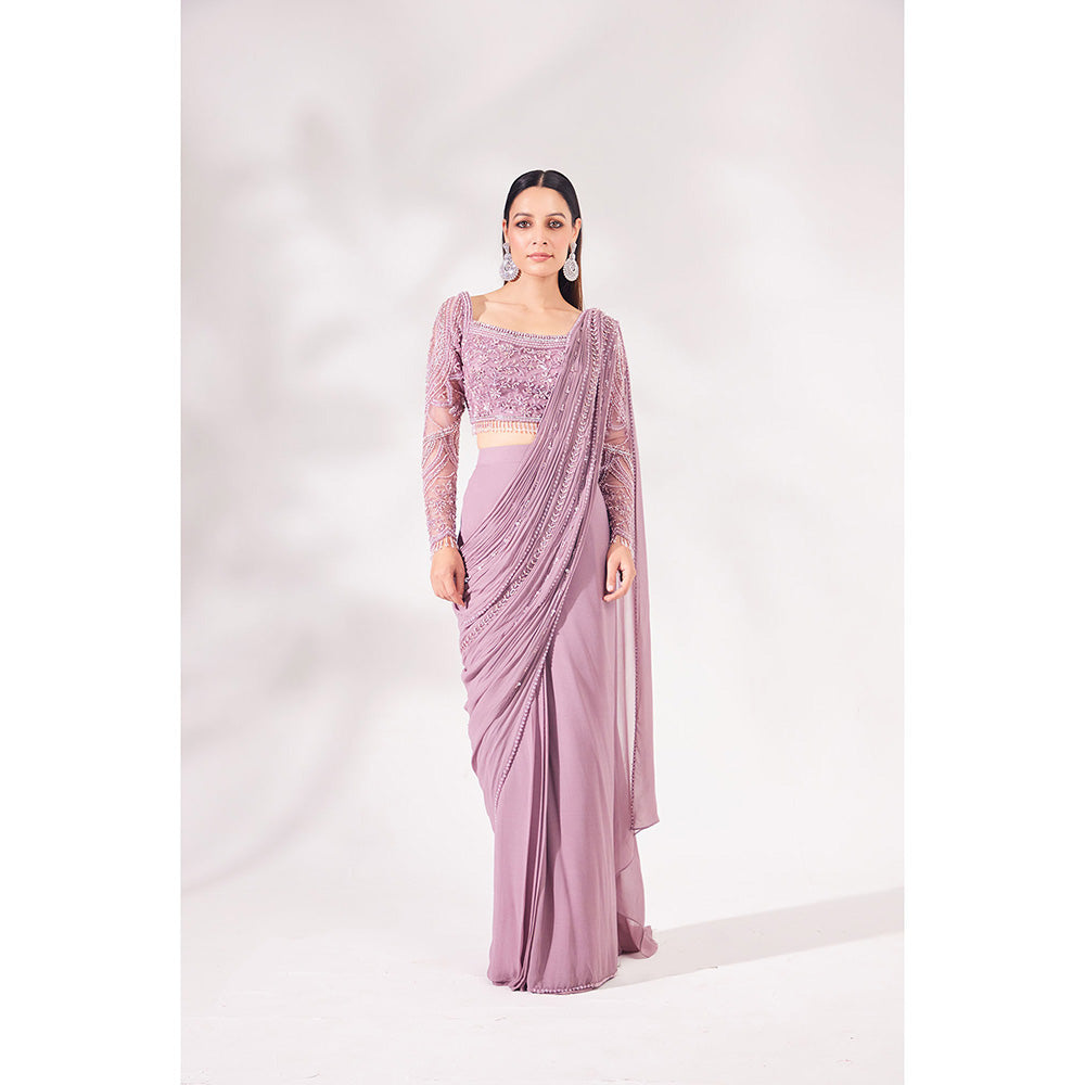 CHAASHNI BY MAANSI & KETAN Lavender Georgette Pre-Draped Saree with Stitched Blouse