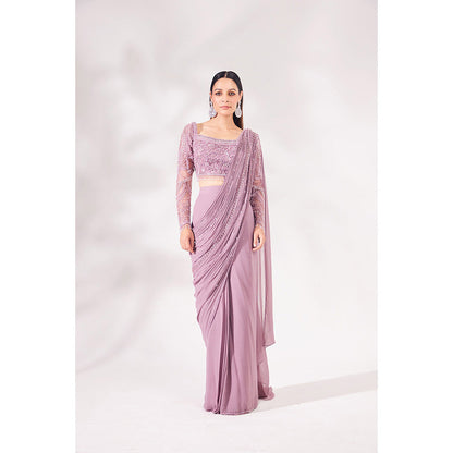 CHAASHNI BY MAANSI & KETAN Lavender Georgette Pre-Draped Saree with Stitched Blouse