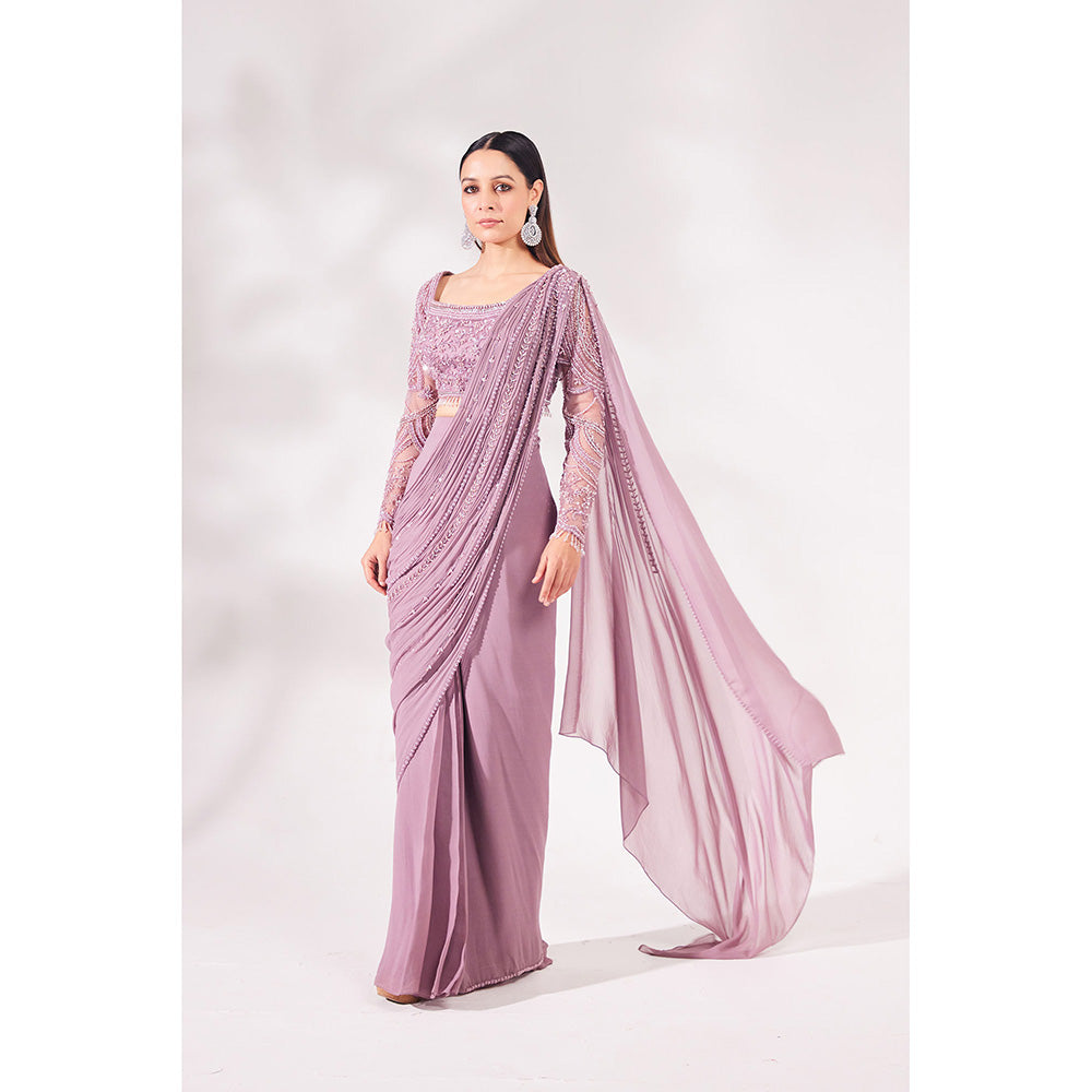 CHAASHNI BY MAANSI & KETAN Lavender Georgette Pre-Draped Saree with Stitched Blouse
