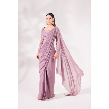 CHAASHNI BY MAANSI & KETAN Lavender Georgette Pre-Draped Saree with Stitched Blouse