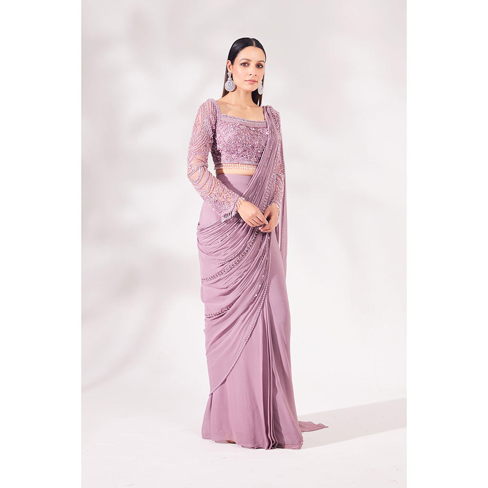 CHAASHNI BY MAANSI & KETAN Lavender Georgette Pre-Draped Saree with Stitched Blouse