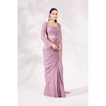 CHAASHNI BY MAANSI & KETAN Lavender Georgette Pre-Draped Saree with Stitched Blouse