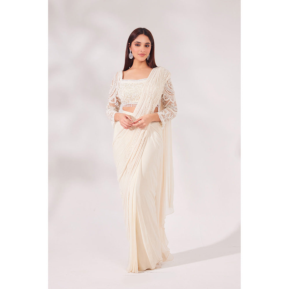 CHAASHNI BY MAANSI & KETAN Off White Embellished Net Pre-Draped Saree with Stitched Blouse