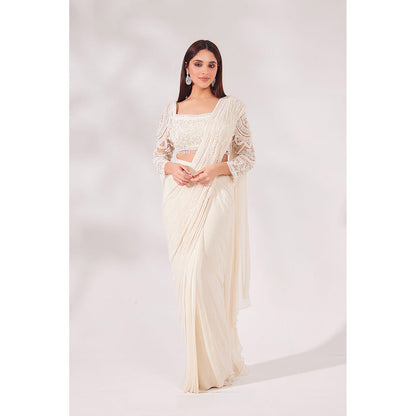 CHAASHNI BY MAANSI & KETAN Off White Embellished Net Pre-Draped Saree with Stitched Blouse