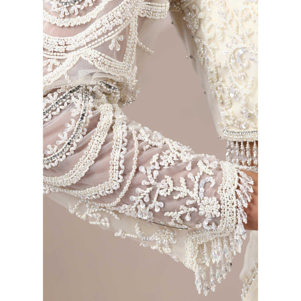 CHAASHNI BY MAANSI & KETAN Ivory Embroidered Georgette Saree with Stitched Blouse
