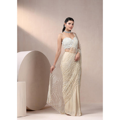 CHAASHNI BY MAANSI & KETAN Beige Chinnon Chiffon Saree with Stitched Blouse