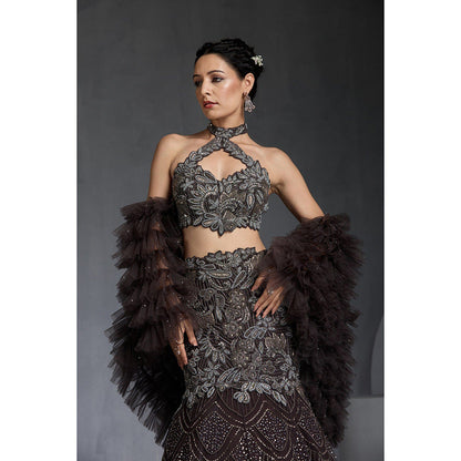 CHAASHNI BY MAANSI & KETAN Black Embellished Net Lehenga with Choli and Dupatta (Set of 3)