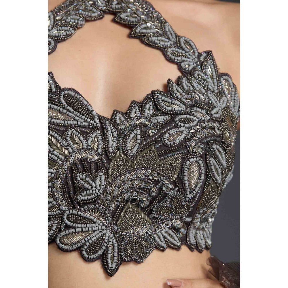 CHAASHNI BY MAANSI & KETAN Black Embellished Net Lehenga with Choli and Dupatta (Set of 3)