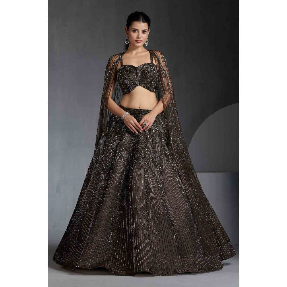 CHAASHNI BY MAANSI & KETAN Green Organza Embellished Lehenga with Choli and Cape (Set of 3)