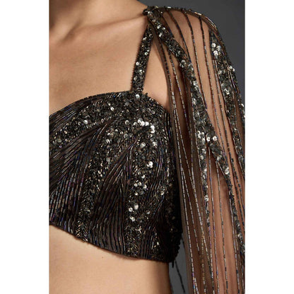 CHAASHNI BY MAANSI & KETAN Green Organza Embellished Lehenga with Choli and Cape (Set of 3)