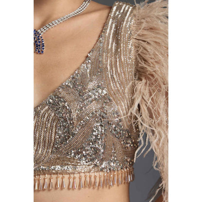 CHAASHNI BY MAANSI & KETAN Nude Embellished Net Lehenga with Choli and Dupatta (Set of 3)