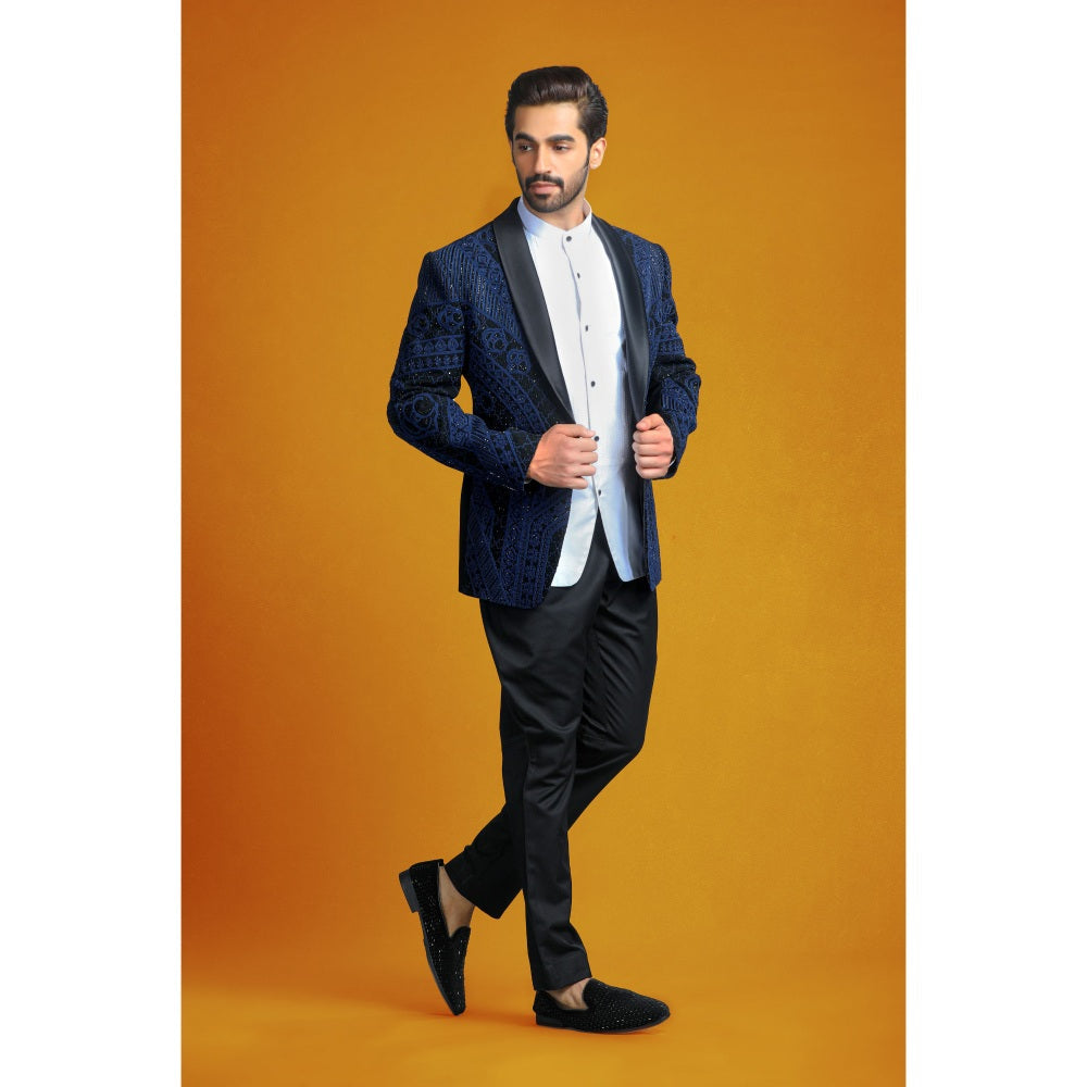 CHAR CHAAND Midnight Aura Black and Blue with Dori Embroidery Tuxedo with Pant (Set of 2)