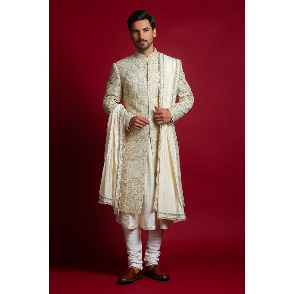 CHAR CHAAND Ivory Luxe Embroidery Kurta with Churidar and Sherwani with Dupatta (Set of 4)