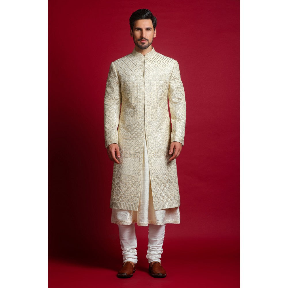 CHAR CHAAND Ivory Luxe Embroidery Kurta with Churidar and Sherwani with Dupatta (Set of 4)