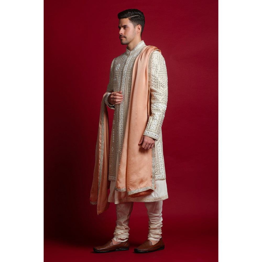 CHAR CHAAND Luxurious Cream Dori Kurta with Churidar and Sherwani with Dupatta (Set of 4)
