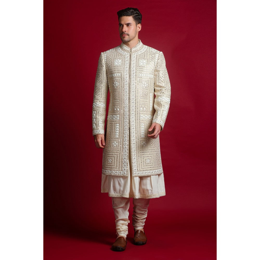 CHAR CHAAND Luxurious Cream Dori Kurta with Churidar and Sherwani with Dupatta (Set of 4)