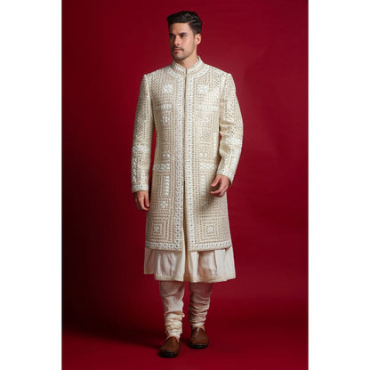 CHAR CHAAND Luxurious Cream Dori Kurta with Churidar and Sherwani with Dupatta (Set of 4)