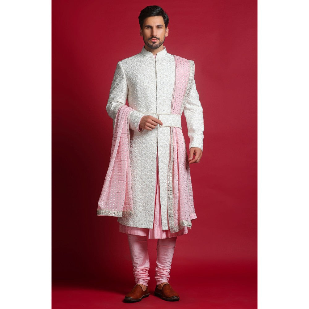 CHAR CHAAND Cream Embroidered Kurta with Churidar and Sherwani with Dupatta and Belt (Set of 5)