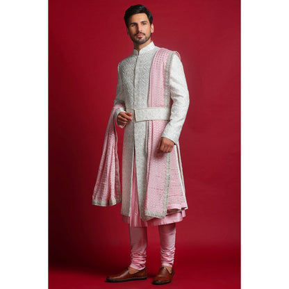 CHAR CHAAND Cream Embroidered Kurta with Churidar and Sherwani with Dupatta and Belt (Set of 5)