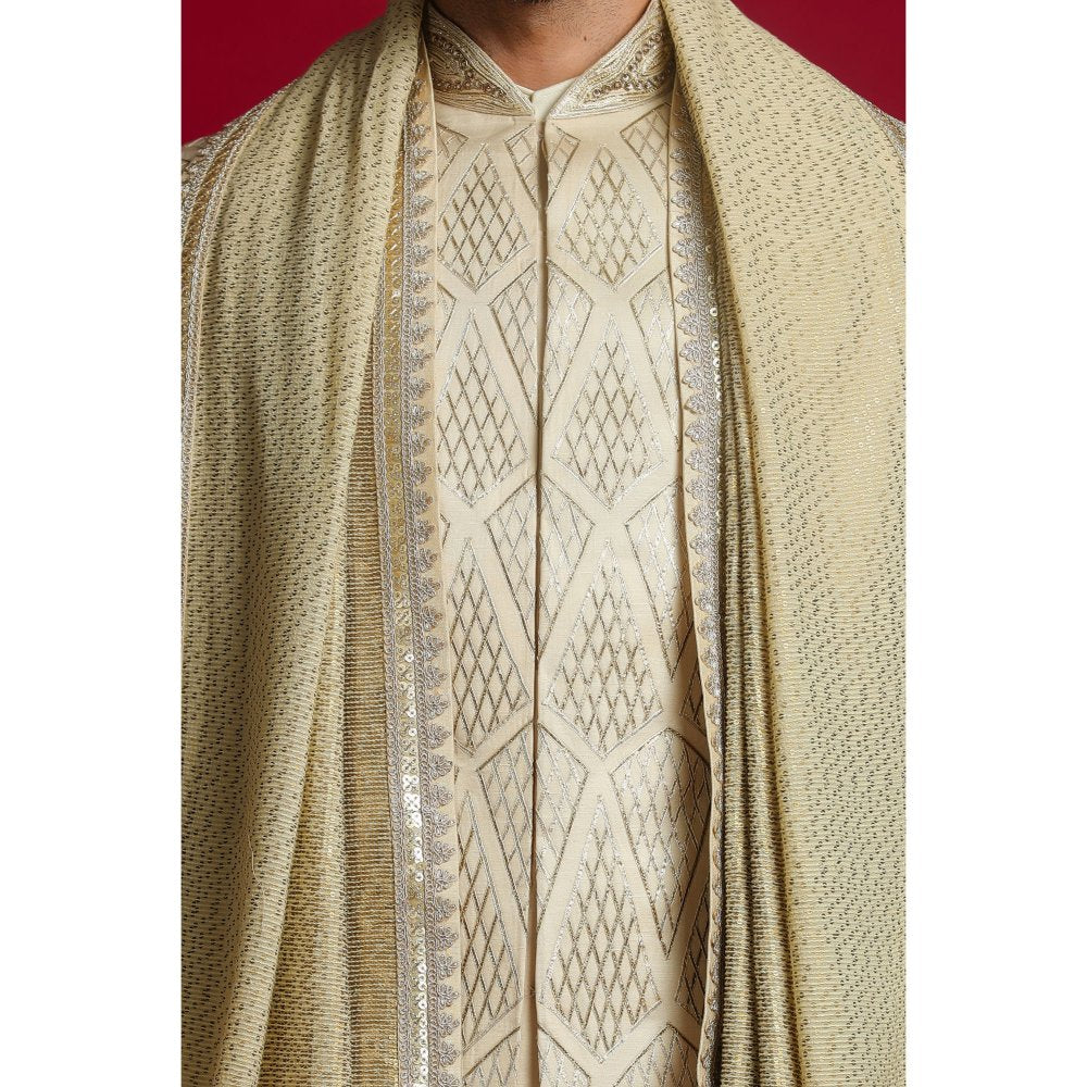 CHAR CHAAND Cream Gota Embroidery Kurta with Churidar & Sherwani with Dupatta (Set of 4)