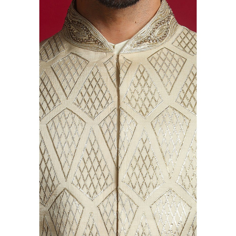 CHAR CHAAND Cream Gota Embroidery Kurta with Churidar & Sherwani with Dupatta (Set of 4)