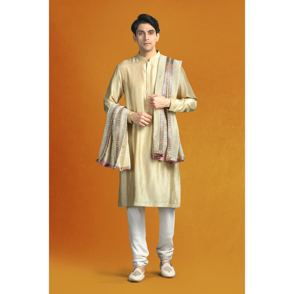 CHAR CHAAND Floral Beige Floral Kurta with Churidar and Sherwani with Dupatta (Set of 4)