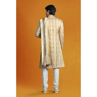 CHAR CHAAND Floral Beige Floral Kurta with Churidar and Sherwani with Dupatta (Set of 4)