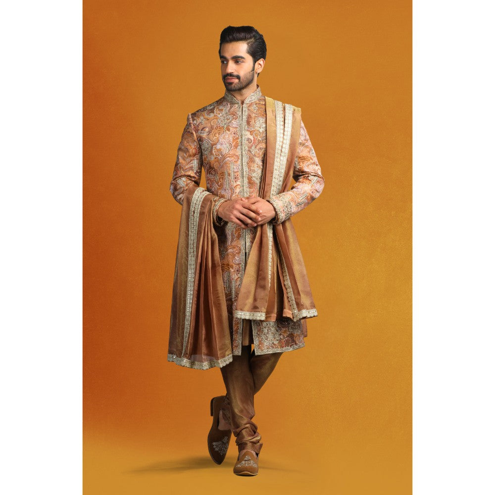 CHAR CHAAND Copper Floral Kurta with Churidar and Sherwani with Dupatta (Set of 4)