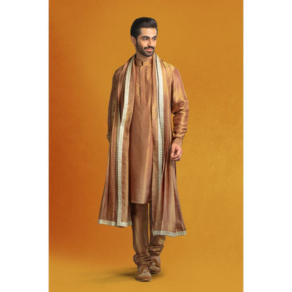 CHAR CHAAND Copper Floral Kurta with Churidar and Sherwani with Dupatta (Set of 4)
