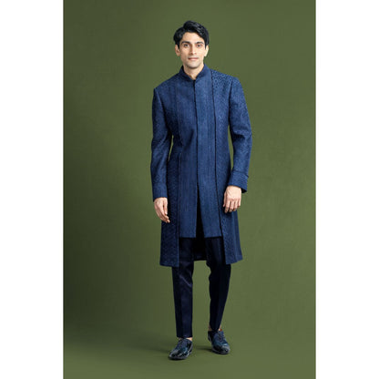 CHAR CHAAND Enchanted Ivory Floral Kurta with Churidar and Sherwani with Dupatta (Set of 4)