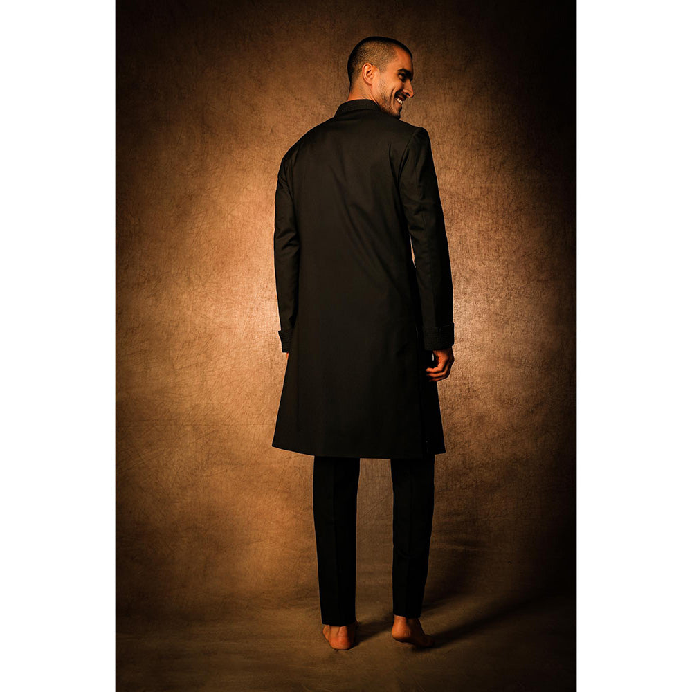 CHAR CHAAND Midnight Black V-Cut Achkan Sherwani