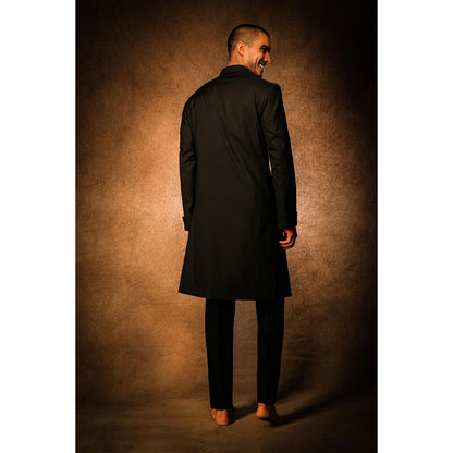 CHAR CHAAND Midnight Black V-Cut Achkan Sherwani