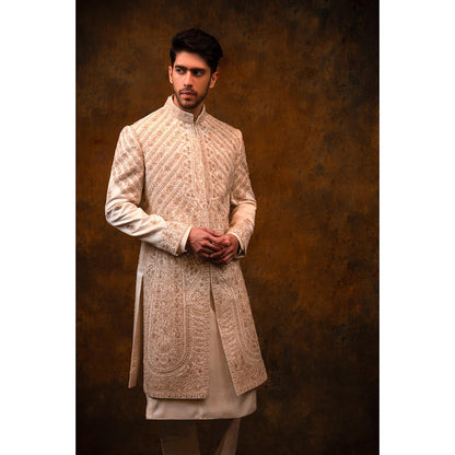 CHAR CHAAND Celestial Ivory Aari and Zardozi Sherwani with Kurta and Churidar with Stole