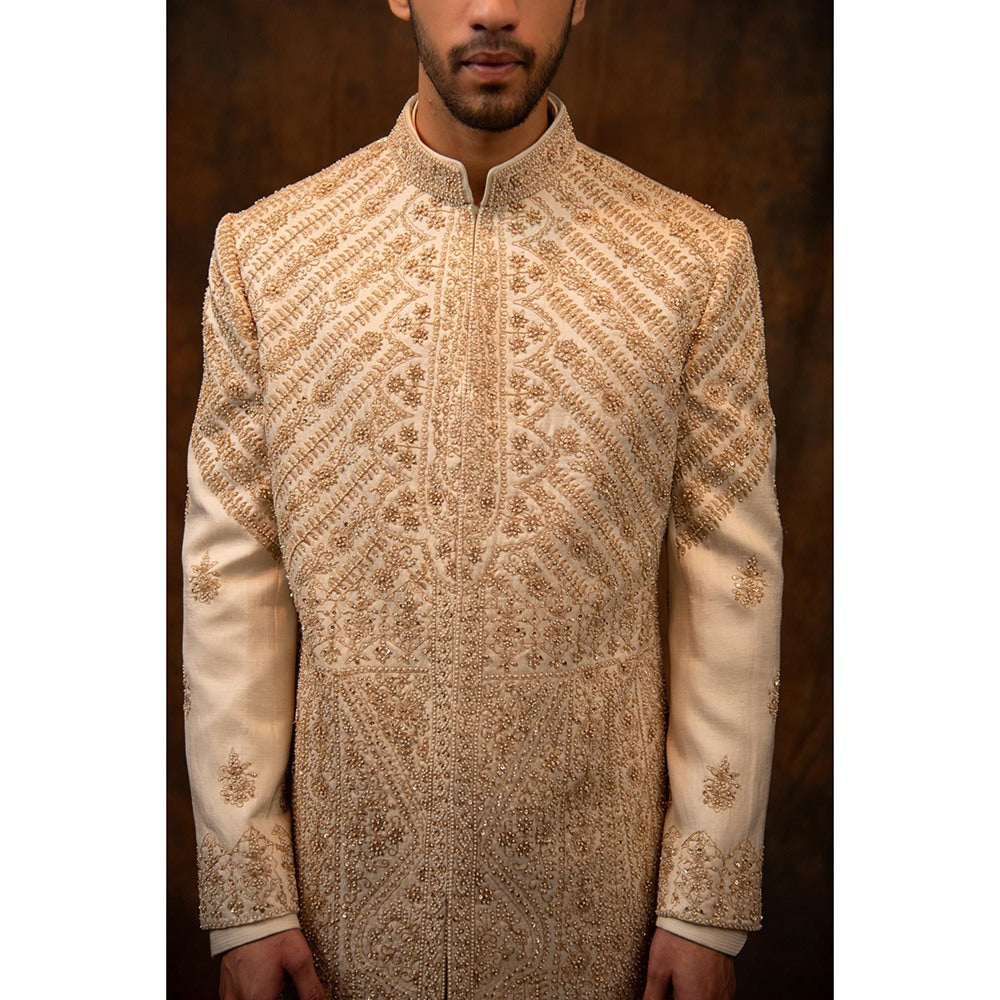 CHAR CHAAND Celestial Ivory Aari and Zardozi Sherwani with Kurta and Churidar with Stole