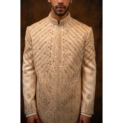 CHAR CHAAND Celestial Ivory Aari and Zardozi Sherwani with Kurta and Churidar with Stole