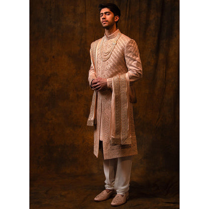 CHAR CHAAND Celestial Peach Aari and Zardozi Sherwani with Kurta and Churidar with Stole