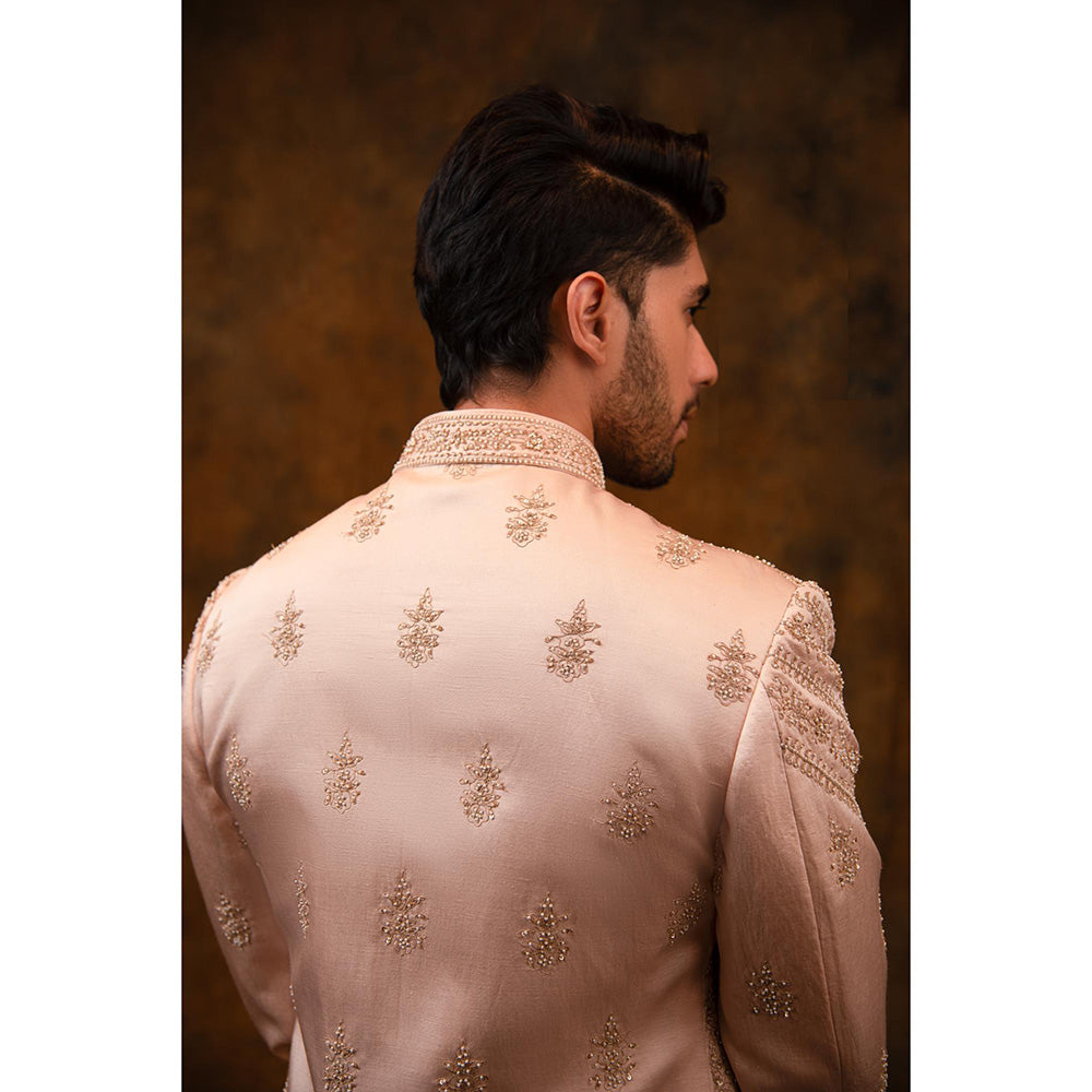 CHAR CHAAND Celestial Peach Aari and Zardozi Sherwani with Kurta and Churidar with Stole