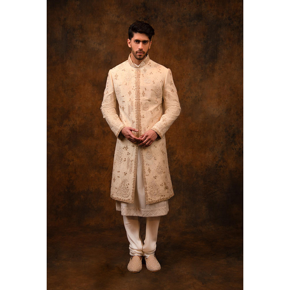 CHAR CHAAND Enchanted Ivory Floral Beaded Sherwani with Kurta and Churidar with Stole