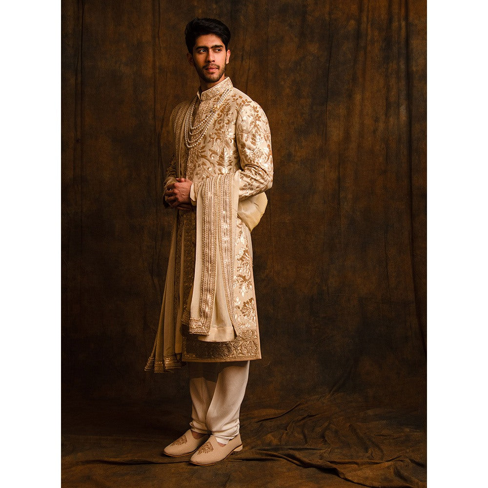 CHAR CHAAND Majestic Ivory Golden Sherwani with Kurta and Churidar with Stole