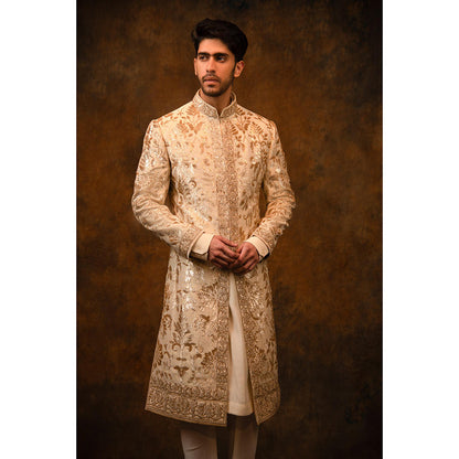 CHAR CHAAND Majestic Ivory Golden Sherwani with Kurta and Churidar with Stole