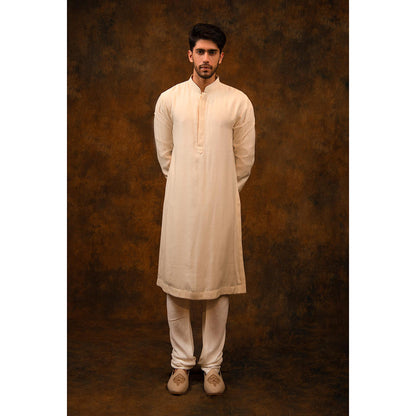 CHAR CHAAND Majestic Ivory Golden Sherwani with Kurta and Churidar with Stole