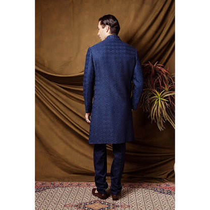 CHAR CHAAND Blue Geometric Embroidered Sherwani with Churidar