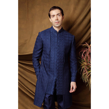 CHAR CHAAND Blue Geometric Embroidered Sherwani with Churidar