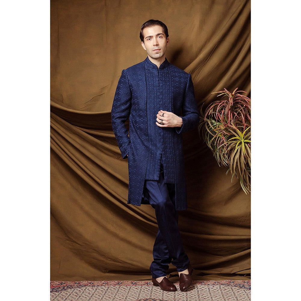 CHAR CHAAND Blue Geometric Embroidered Sherwani with Churidar