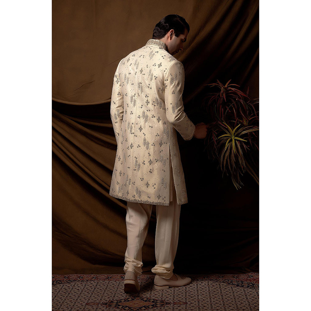 CHAR CHAAND Ivory Majesty Beadwork Sherwani with Kurta and Churidar with Stole