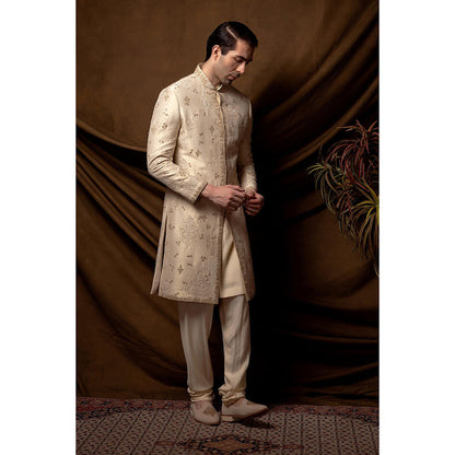CHAR CHAAND Ivory Majesty Beadwork Sherwani with Kurta and Churidar with Stole