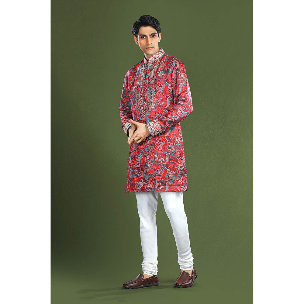 CHAR CHAAND Crimson Red Embroidered Kurta for Men
