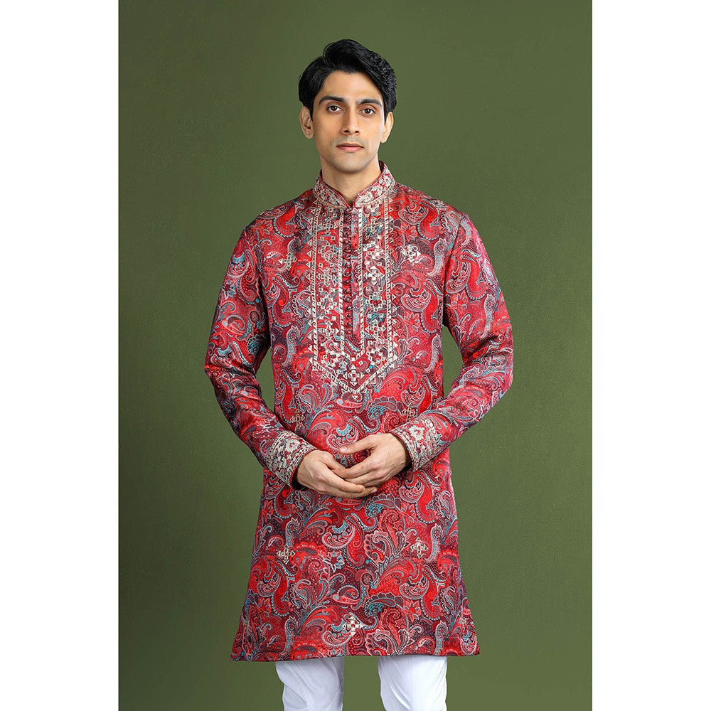 CHAR CHAAND Crimson Red Embroidered Kurta for Men