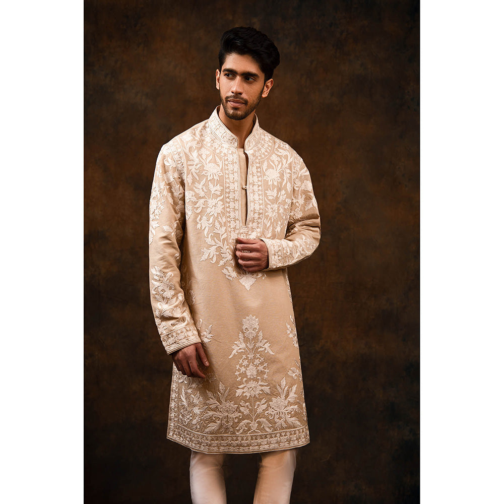 CHAR CHAAND Beige Bloom Linen Silk Kurta for Men